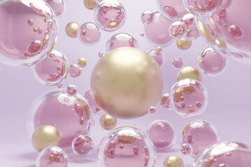 3D render of different sized spheres made of glass and gold floating on a pink background. Color of spheres: gold and glassy