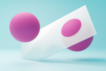 3D render of pink spheres intersected by glass surfaces on a turquoise background