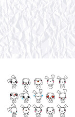 Set of Rustic Rabbits with Emoticons. Doodle faces, eyes and mouth. Caricature comic expressive emotions, smiling, crying and surprised character face expressions