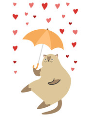 Flat vector illustration for Valentine's Day. Cute cat sits with an umbrella and closes in a rain of hearts. Disgruntled Siamese cat. 