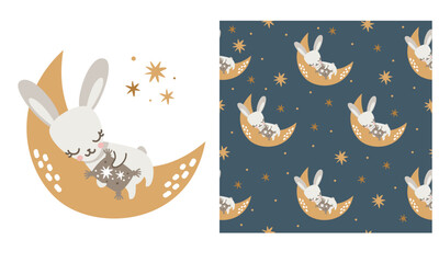 Vector print set and seamless pattern. Seamless vector pattern. Cute bunny, rabbit sleeping on the moon. Night sky and stars 