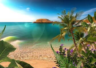  mediterranean sea, blue water and sky, white beach, sand and flowers with plant tropical natural landscape
