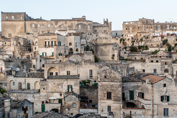 Fototapeta na wymiar View at the old town - Sasso Caveoso - of Matera during sunrise Basilicata, Italy - Euope