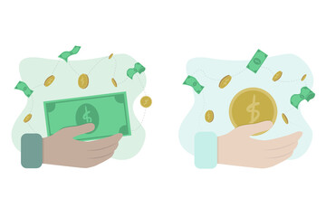 Business illustration with hand that holding money and coins.