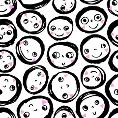 Seamless vector pattern with cute doodle faces with smiles in black white and pink - 558709577