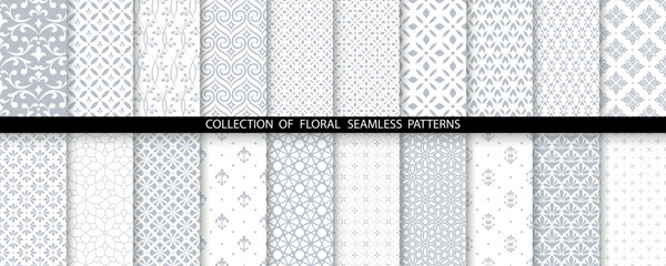 Geometric floral set of seamless patterns. White and gray vector backgrounds. Damask graphic ornaments