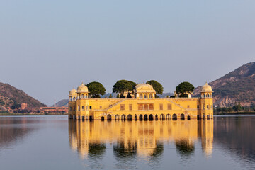 Rajasthan landmark - Jal Mahal (Water Palace) on Man Sagar Lake on sunset. Jaipur, Rajasthan, India
