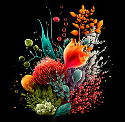 Colorful Arrangement of Flowers with Liquid paint splashes. On an isolated Black background.
Generative Ai