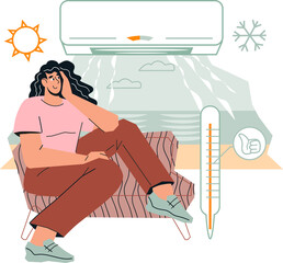 Woman resting under air conditioner. Air conditioner maintenance and installing, repair service banner design.