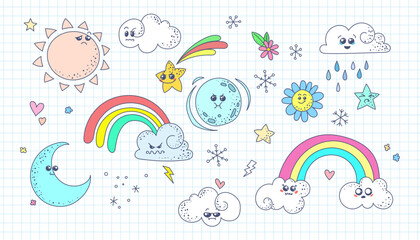 Cute doodle weather set. Kawaii emotional weather forecast. Cute sun, moon and happy clouds