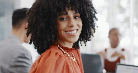 Face, business and black woman in meeting, brainstorming and planning in office. Team, staff and female leader with smile, conversation and share idea for innovation, corporate goal or company target