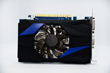 Blue graphics card with one fan on a white background. Accessories for computers. An electronic device.