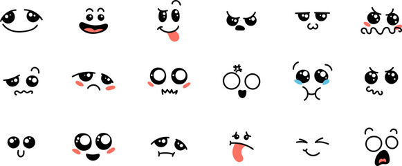 Various Cartoon Emoticons Set. Doodle faces, eyes and mouth. Caricature comic expressive emotions, smiling, crying and surprised character face expressions - obrazy, fototapety, plakaty