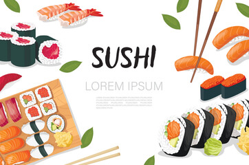 Web page design with Sushi, Miso soup, ramen, onigiri, dango, mochi, matcha tea.