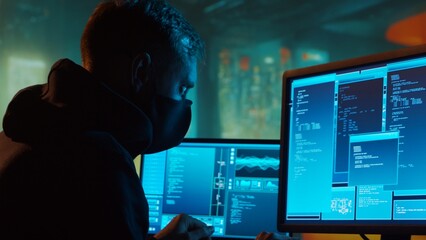 Computer Hacker in Hoodie. Obscured Dark Face. Concept of Hacker Attack, Virus Infected Software, Dark Web and Cyber Security.