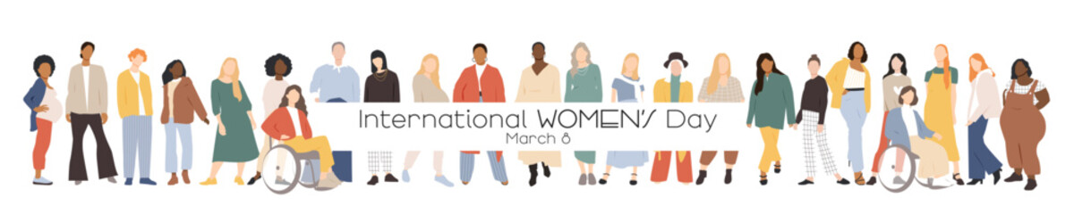International Women's Day banner. Multicultural group of women together.