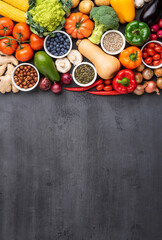 Healthy eating ingredients: fresh vegetables, fruits and superfood. Nutrition, diet, vegan food concept