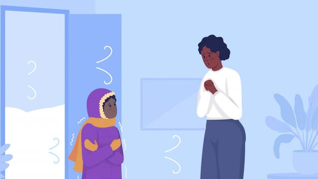 Animated kid with chills. Frost winter weather. Concerned mother. Sick child after walking. Looped flat color 2D cartoon characters animation with home on background. HD video with alpha channel