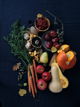 Flatlay fall produce top view. Autumn vegan cooking ingredients. Seasonal harvest background