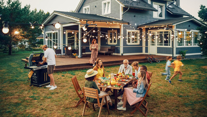 Big Family and Friends Celebrating Outside at Home. Diverse Group of Children, Adults and Old People Gathered at a Table, Having Fun Conversations. Preparing Barbecue and Eating Vegetables. - obrazy, fototapety, plakaty