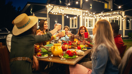 Grandmother Telling Funny Childhood Stories to Her Diverse Family and Multicultural Friends During a Festive Outdoors Dinner Table with Grilled Barbecue Meat and Lots of Fresh Vegetables.