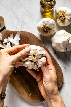 Fresh white garlic bulb and cloves. Hands preparing garlic.