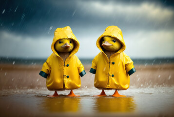 Zwei Entenküken im Regen tragen gelbe Regenmäntel - Generative AI - obrazy, fototapety, plakaty