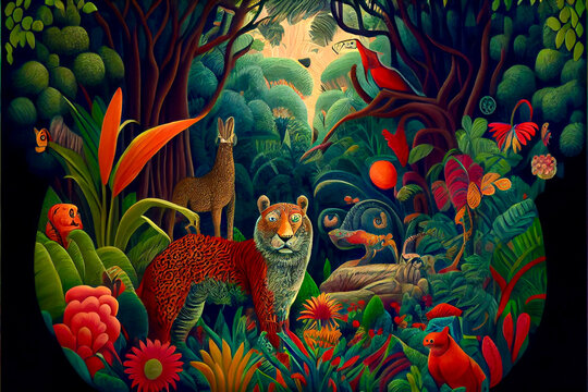 Generative AI render of a naive painting of a jungle