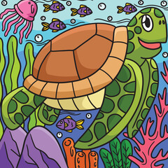 Turtle Marine Animal Colored Cartoon Illustration