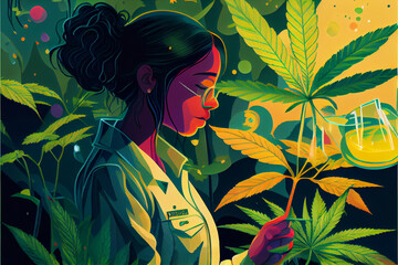 a beautiful illustration from a researcher in a cannabis thc lab on the topic of legalization in medicine - obrazy, fototapety, plakaty