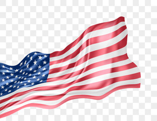 Obraz premium Flag of the United States waving in the wind. Shiny Silk USA flag with pleats. Wavy USA flag illustration. American Flag isolated on transparent background. Realistic 3d vector illustration