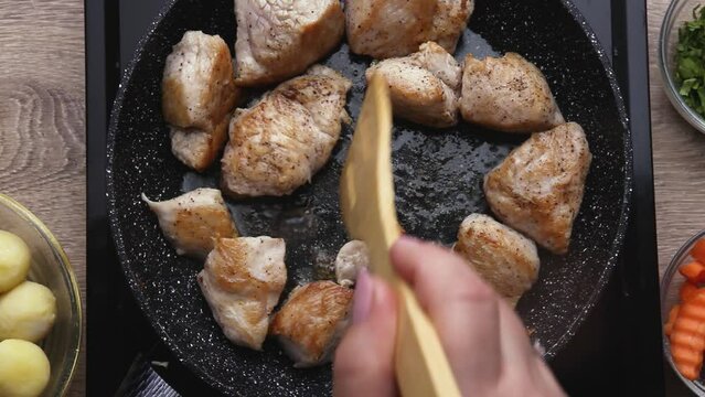 fry the pieces of turkey meat in a frying pan with the addition of oil