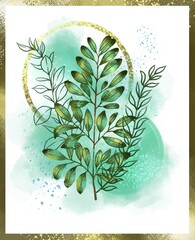 plant illustration in watercolor style and golden frame