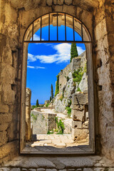 Summer landscape - view from a doorway in the Klis Fortress near the city of Split, on the Adriatic coast of Croatia