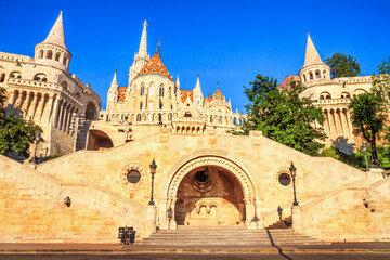 Fototapeta na wymiar Bottom view of the Fisherman's Bastion with staircase. Popular tourist attraction in Budapest, Hungary