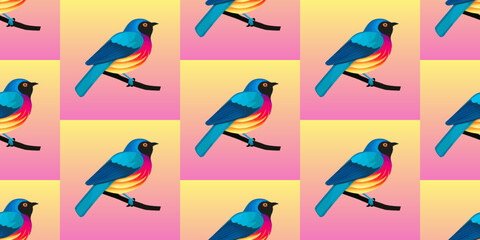 Fototapeta na wymiar Colorful cartoon birds, hand drawn, seamless vector pattern