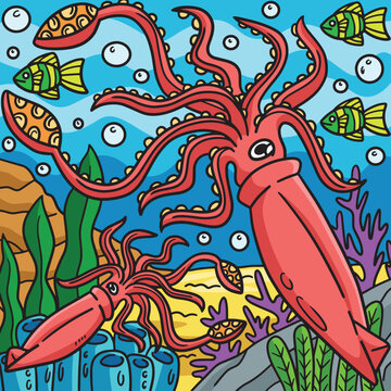 Giant Squid Marine Animal Colored Cartoon 