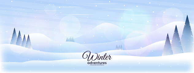 Winter season horizontal landscape. Blizzard and snowfall. Vector illustration. Flat style. Forest with hills and mountains. Welcome winter.