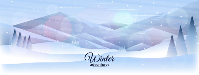 Winter horizontal landscape. Vector illustration. Hills with forest and Alps. Snowfall. Blizzard.