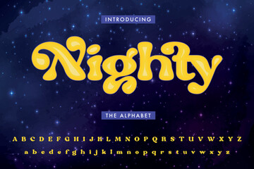 A 1970s Styled Retro Alphabet with a starry sky Background. Typography decorative fonts vintage concept.