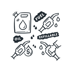 Gas Oil Refillable Vector Line Icons Doodles. Set of Fuel Oil Concept Illustration Drawing Elements