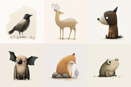 A set of six cute animals, mammals, birds, reptiles, from the area of Virginia, USA in watercolor, illustration made with Generative AI