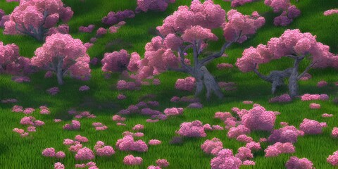 spring flowers trees and grass in the park or in garden near the mountains, landscapes