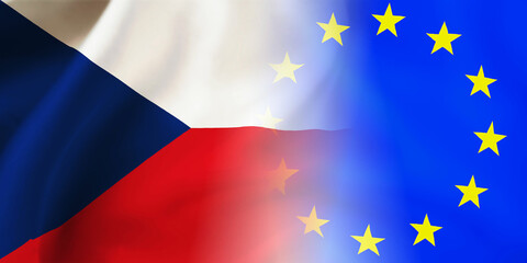 Czech Republic,EU flag together.Czechia,European waving flag