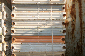 Heavy duty radiators. Old stacked scrap panel radiators. Iron ecycling radiators in scrap dealers site.