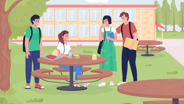 Animated outdoor lunch area. Friends talking and eating snacks. Seatings outside. Looped flat color 2D cartoon characters animation with school building on background. HD video with alpha channel