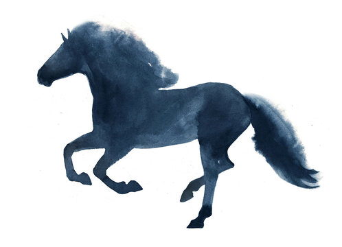 Watercolor art silhouette of a running horse on a white background