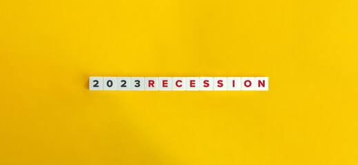 2023 Recession Banner. Letter Tiles on Yellow Background. Minimal Aesthetics.