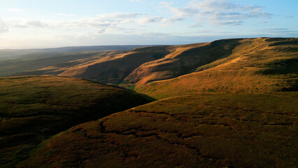 Sunset over Snake Pass in the Peak District National Park - drone photography