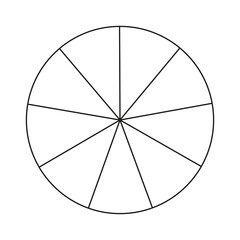 Circle divided in 9 segments. Pizza or pie round shape cut in equal slices. Outline style. Simple chart.